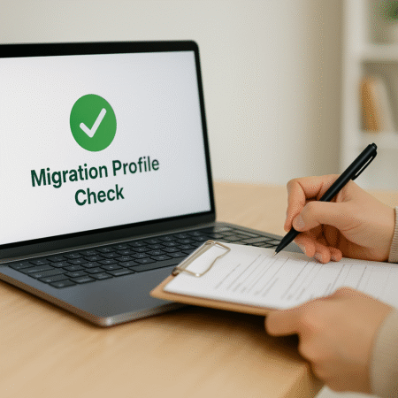 Close-up of a person filling out a migration form on a clipboard next to a laptop displaying “Migration Profile Check” with a green checkmark.