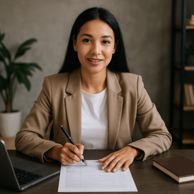 A young woman planning her Europe migration profile online, representing education, work experience, and personal roadmap preparation.